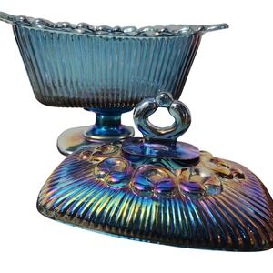 Indiana Blue Carnival Glass Candy Dish Open Lace Edge Ice Blue Pedestal Vintage
